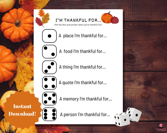 I'm Thankful For Dice Game Printable