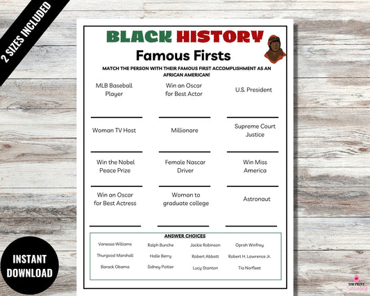 Black History Famous Firsts Game Printable