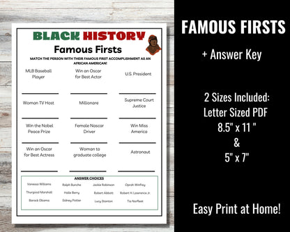 Black History Famous Firsts Game Printable