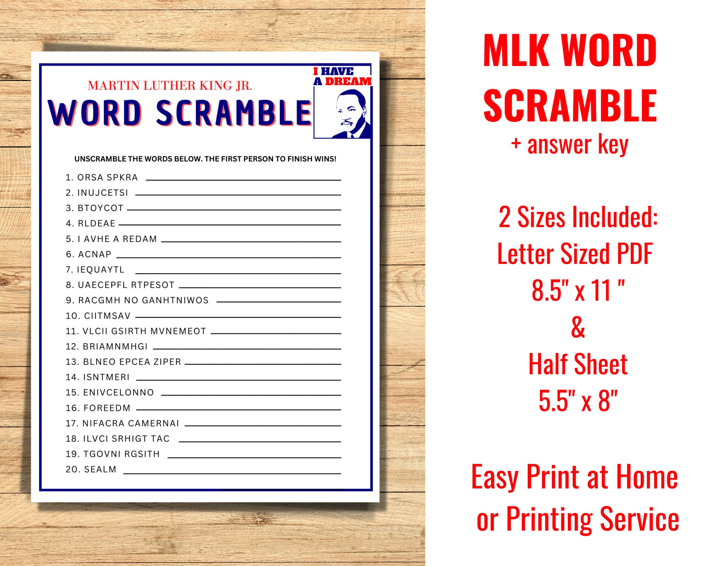 Martin Luther King Game Word Unscramble Printable