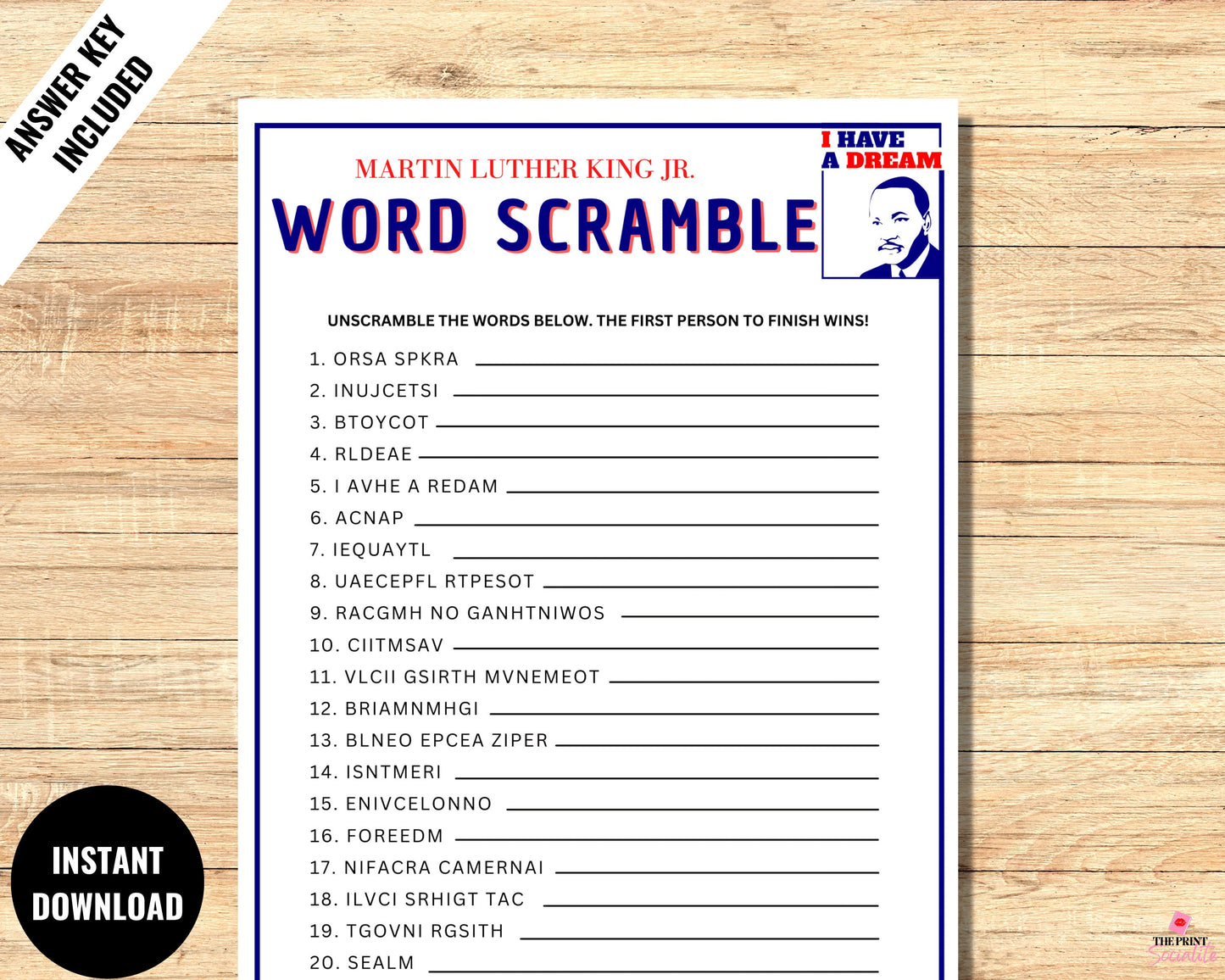 Martin Luther King Game Word Unscramble Printable