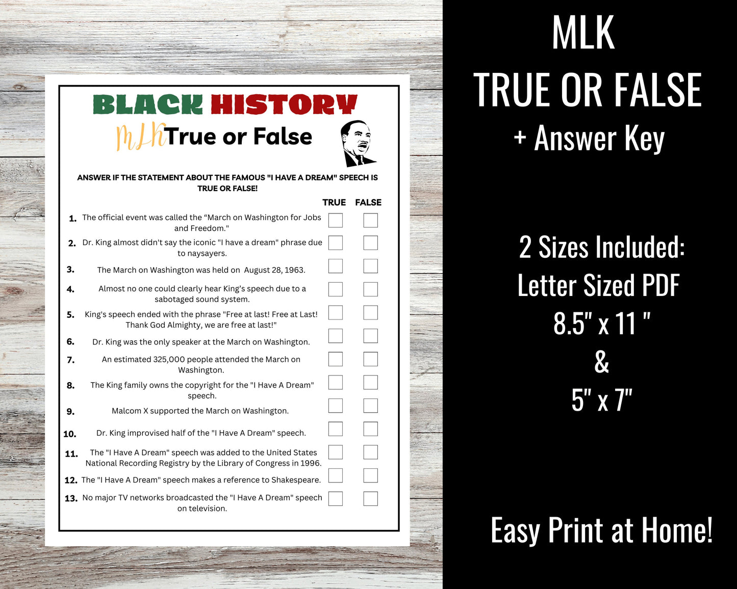 MLK True or False Game Printable