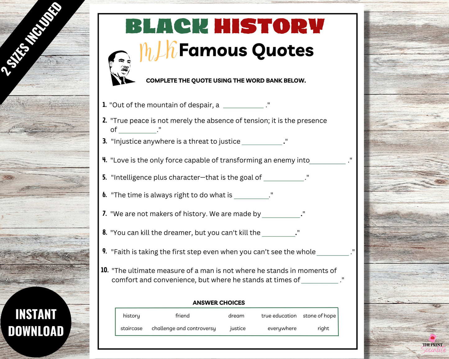 Black History MLK Famous Quotes Game Printable