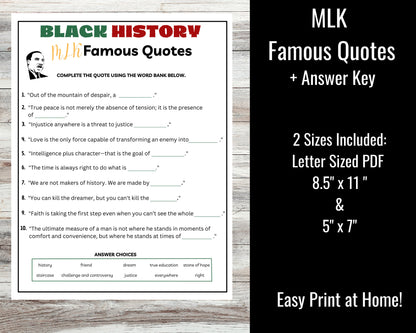 Black History MLK Famous Quotes Game Printable