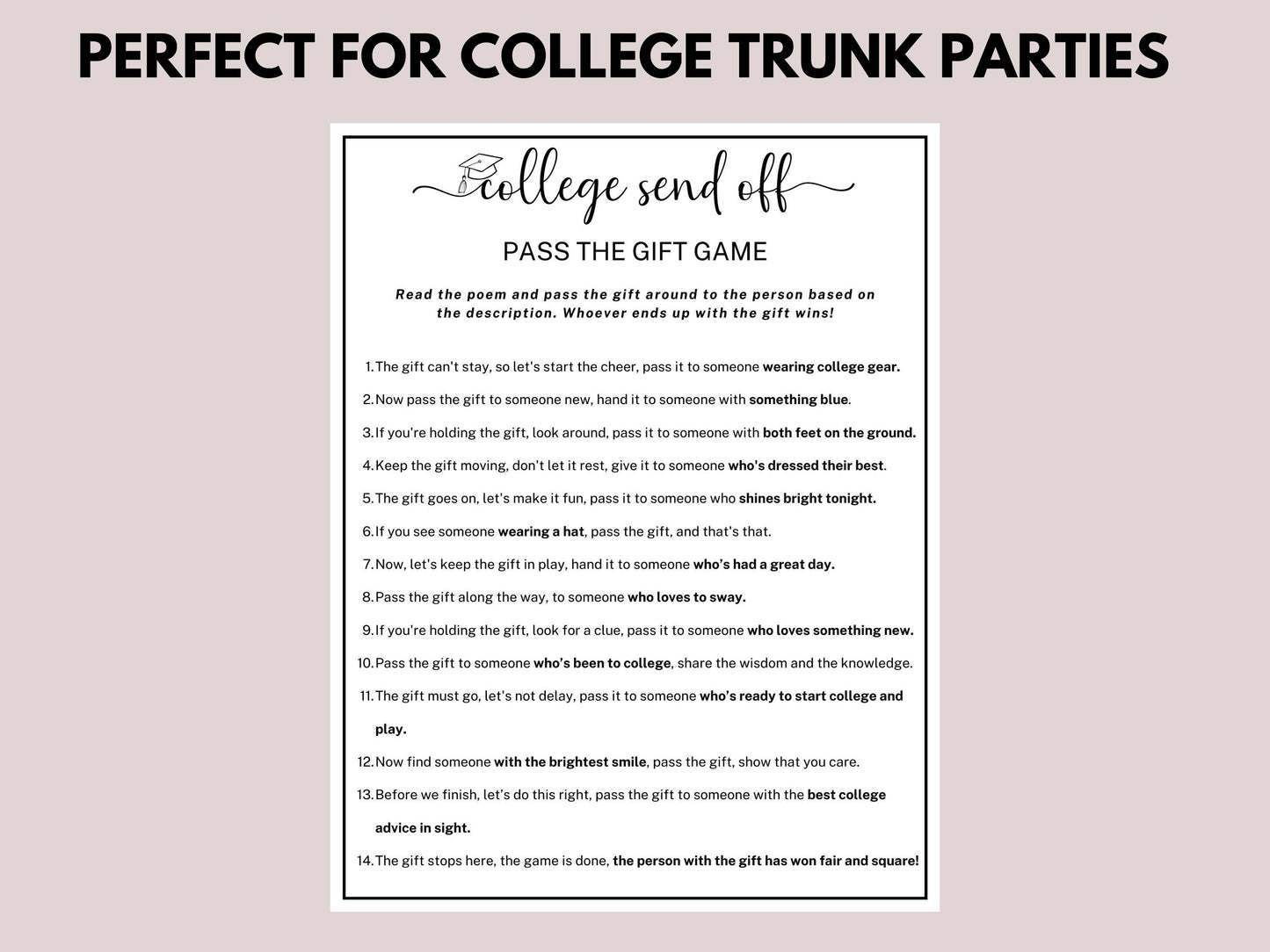 College Trunk Party Pass The Gift Game Printable