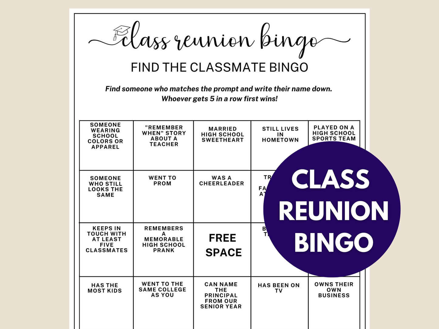 High School Class Reunion Bingo Game Printable