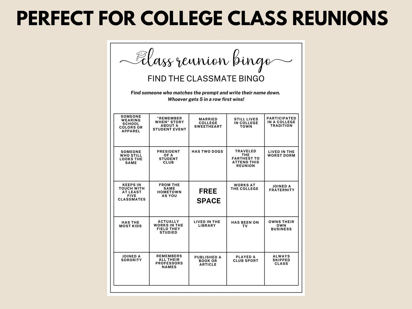 College Class Reunion Bingo Game Printable