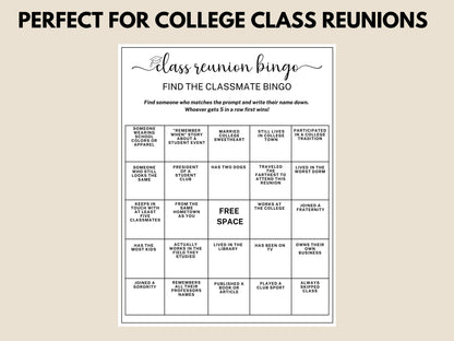 College Class Reunion Bingo Game Printable