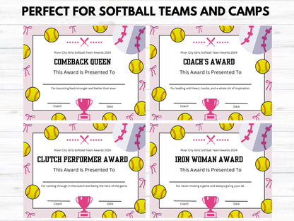 Editable Softball Awards Certificates Canva Template