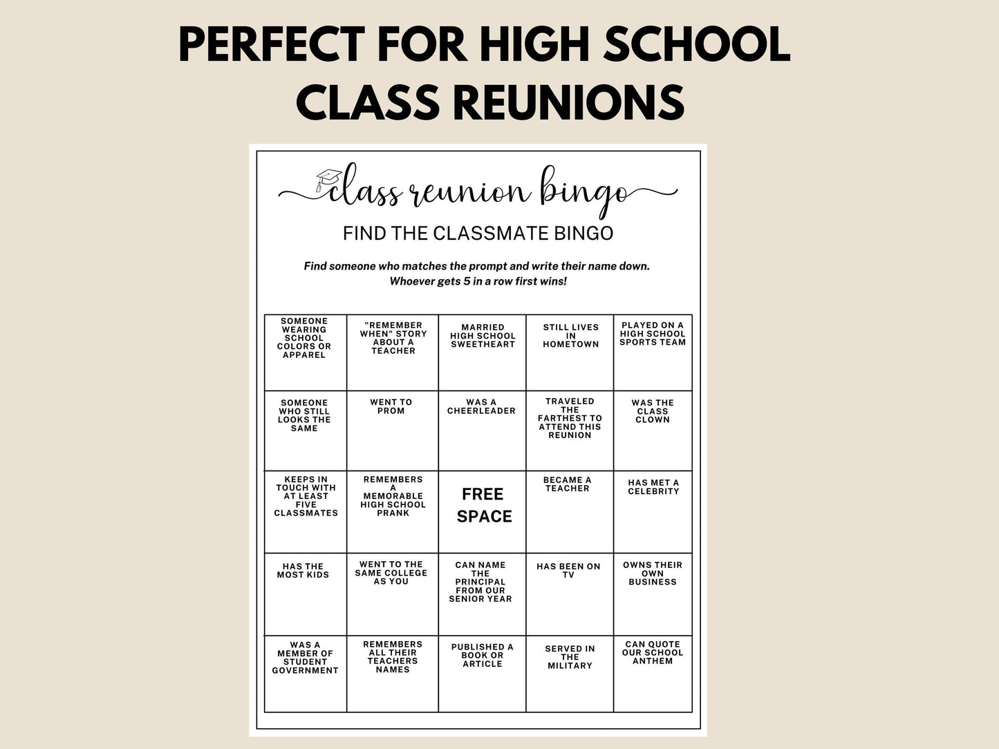 High School Class Reunion Bingo Game Printable