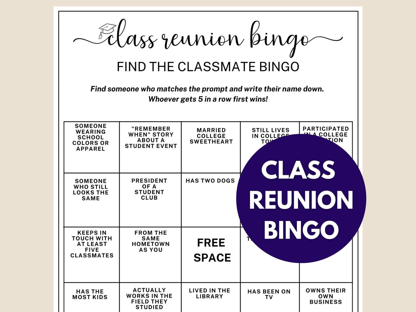 College Class Reunion Bingo Game Printable