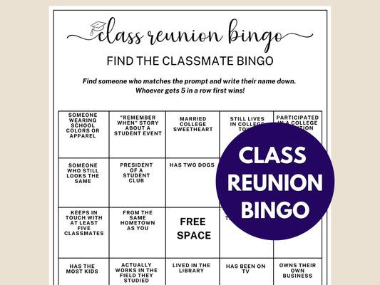 College Class Reunion Bingo Game Printable