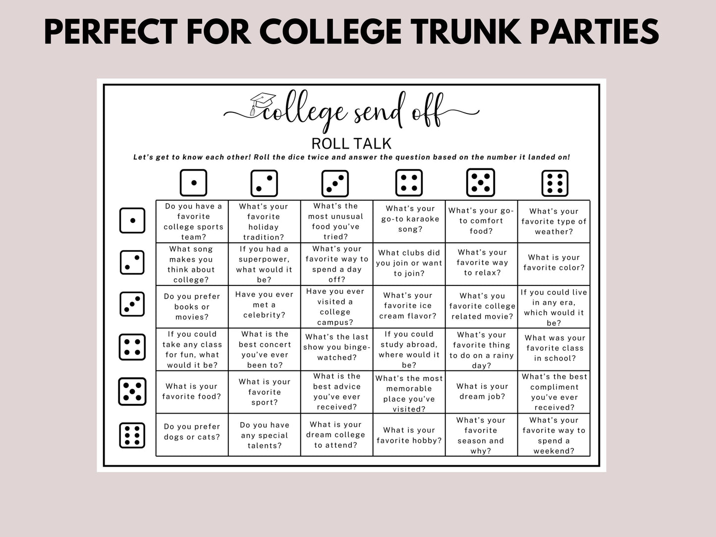 College Trunk Party Dicebreaker Game Printable