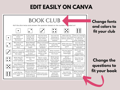 Editable Book Club Discussion Questions Activity Canva Template