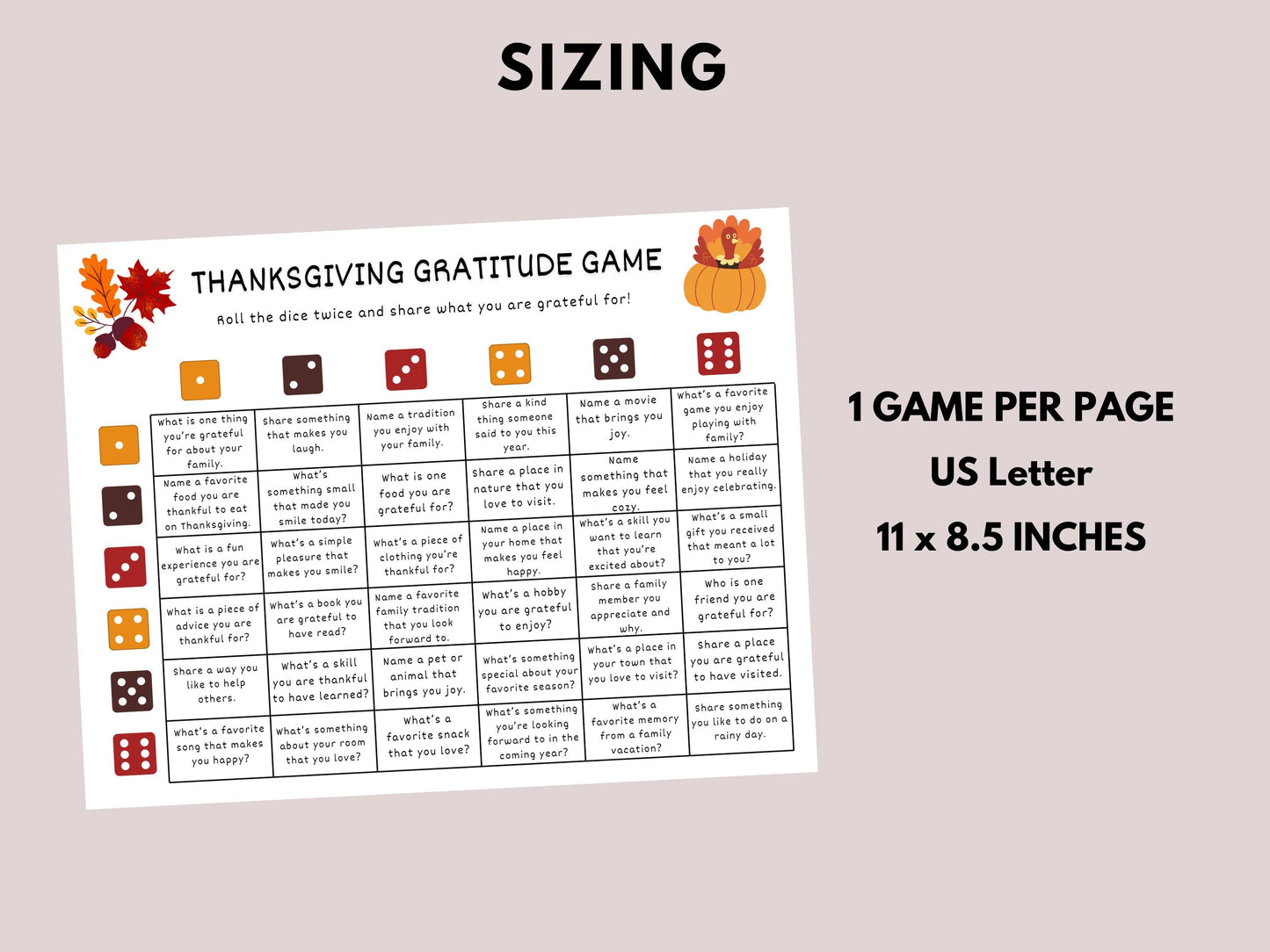 Thanksgiving Gratitude Dice Game Printable