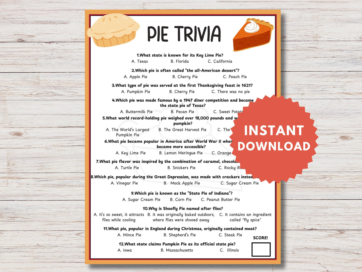 Pie Trivia Game Printable