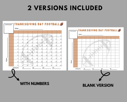 Thanksgiving Day Football Squares Game Printable