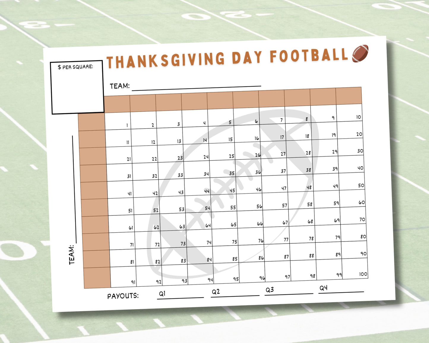 Thanksgiving Day Football Squares Game Printable