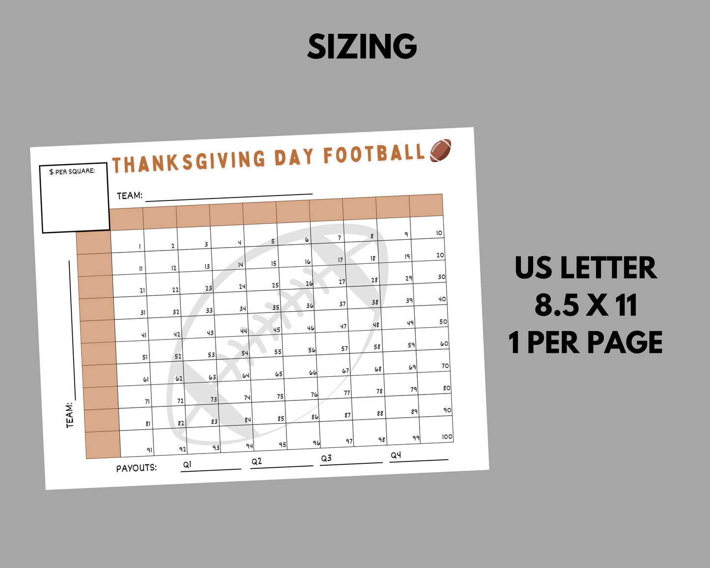 Thanksgiving Day Football Squares Game Printable