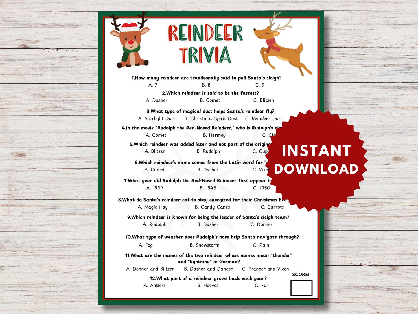 Reindeer Trivia Game Printable