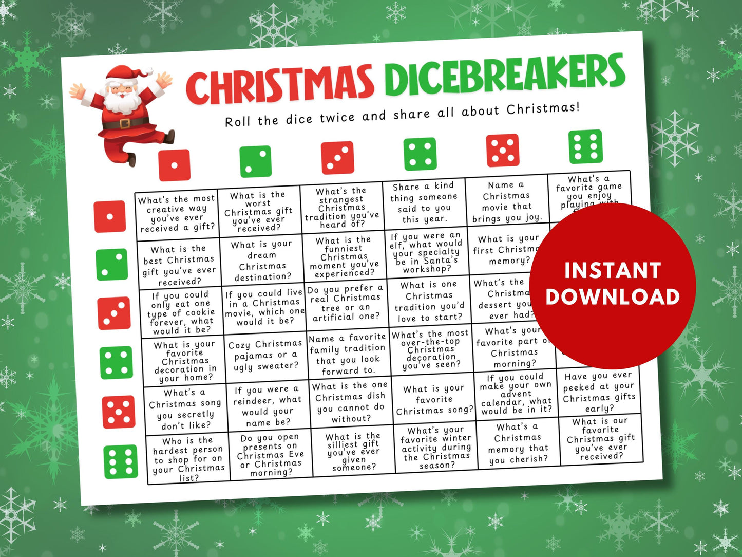 Christmas Dicebreakers Game Printable